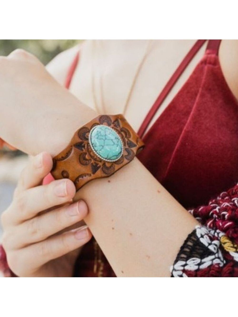 New! Boho Western Leather Turquoise Stone Cuff Bracelet